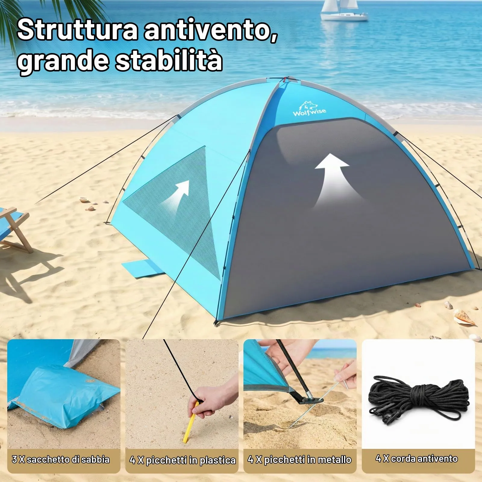 Wolfwise Tenda da Spiaggia UPF 50+ per Famiglia, Riparo Solare Anti-UV, 8 Persone, Blu - immagine 8