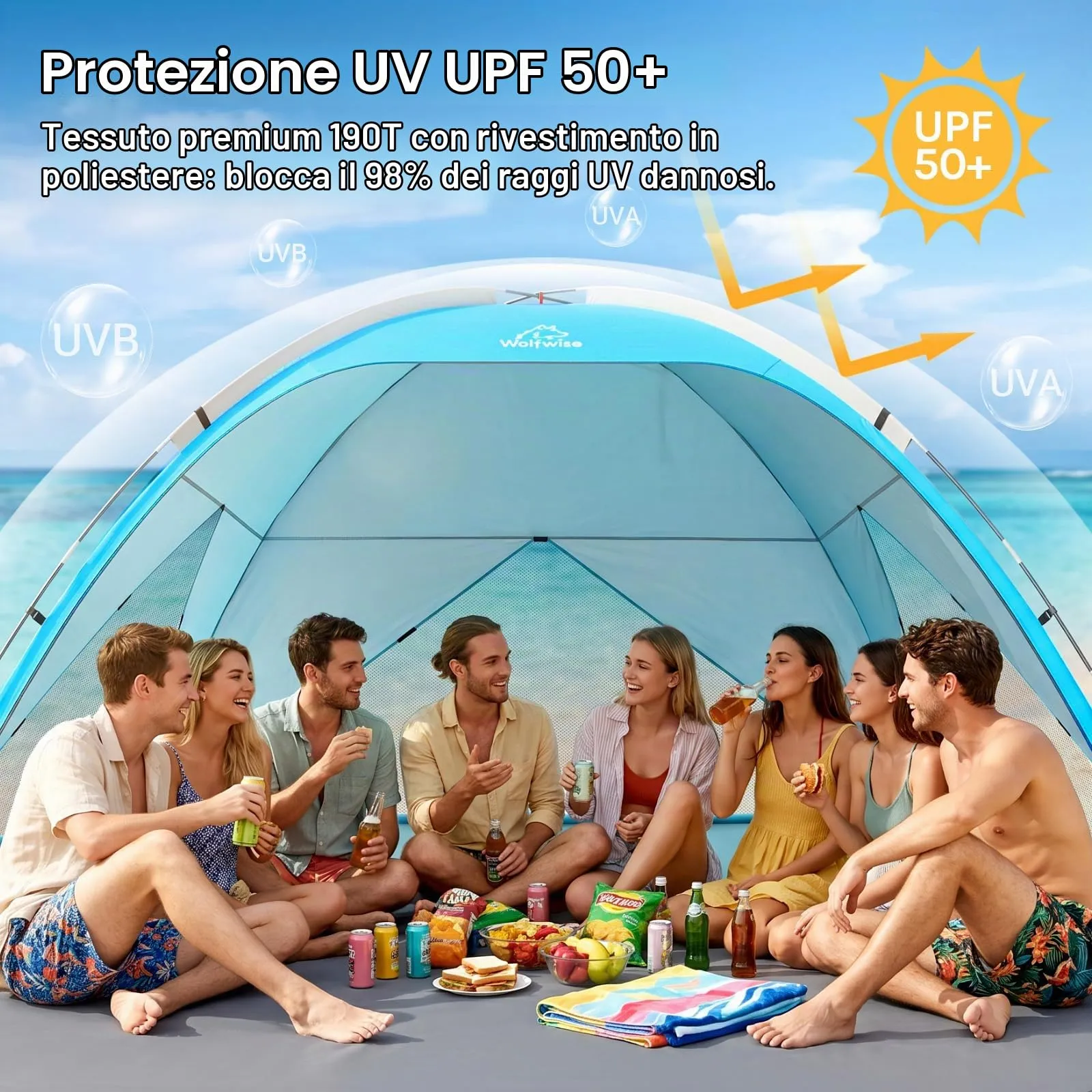 Wolfwise Tenda da Spiaggia UPF 50+ per Famiglia, Riparo Solare Anti-UV, 8 Persone, Blu - immagine 9