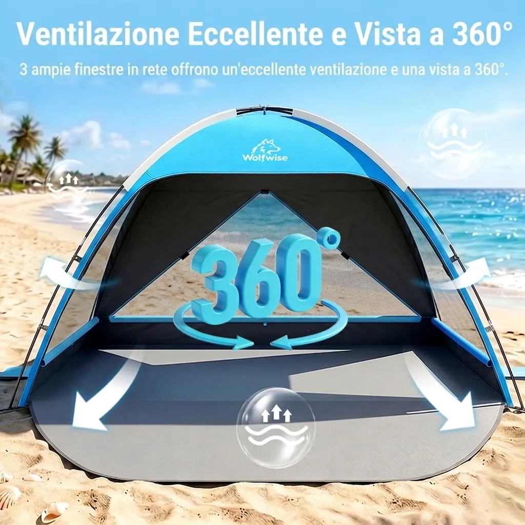 Wolfwise Tenda da Spiaggia UPF 50+, Riparo Solare Anti-UV per 3 Persone, 3 Finestre Ventilate, Blu con Rivestimento Nero - immagine 2