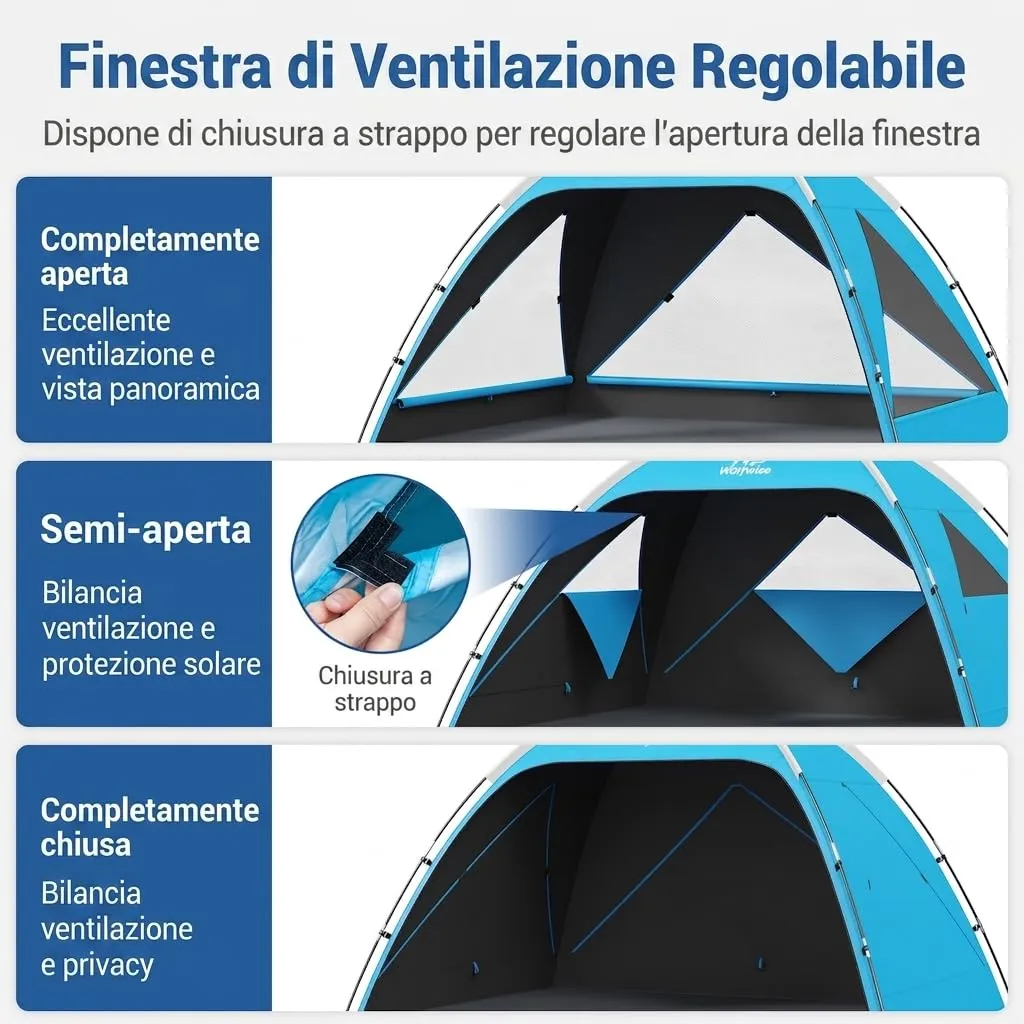 Wolfwise Tenda da Spiaggia UPF 50+, Riparo Solare Anti-UV per 3 Persone, 3 Finestre Ventilate, Blu con Rivestimento Nero - immagine 3