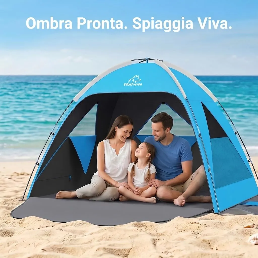 Wolfwise Tenda da Spiaggia UPF 50+, Riparo Solare Anti-UV per 3 Persone, 3 Finestre Ventilate, Blu con Rivestimento Nero - immagine 4