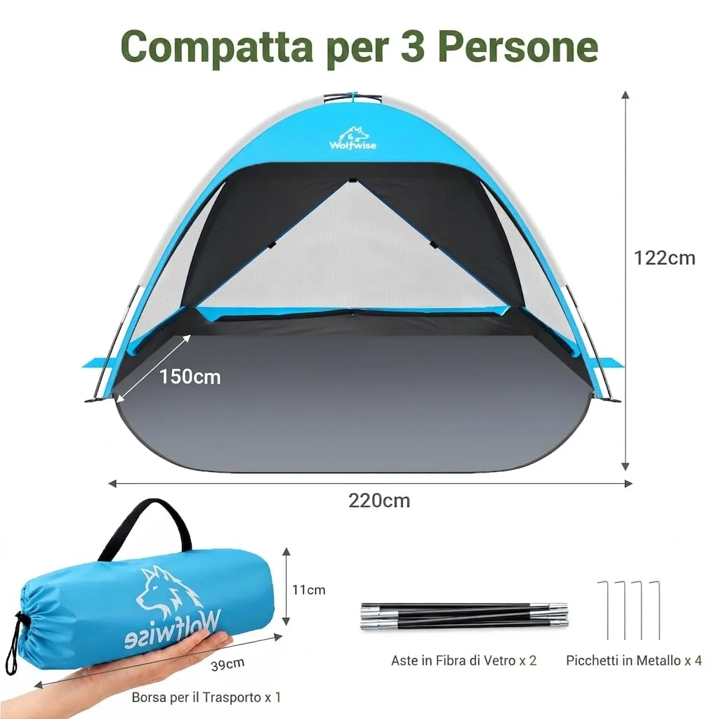 Wolfwise Tenda da Spiaggia UPF 50+, Riparo Solare Anti-UV per 3 Persone, 3 Finestre Ventilate, Blu con Rivestimento Nero - immagine 5