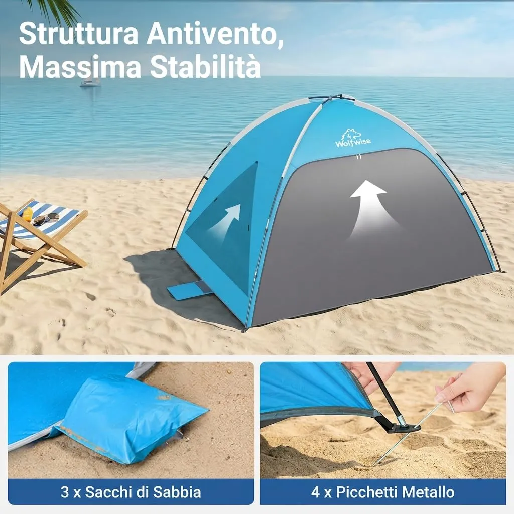 Wolfwise Tenda da Spiaggia UPF 50+, Riparo Solare Anti-UV per 3 Persone, 3 Finestre Ventilate, Blu con Rivestimento Nero - immagine 8