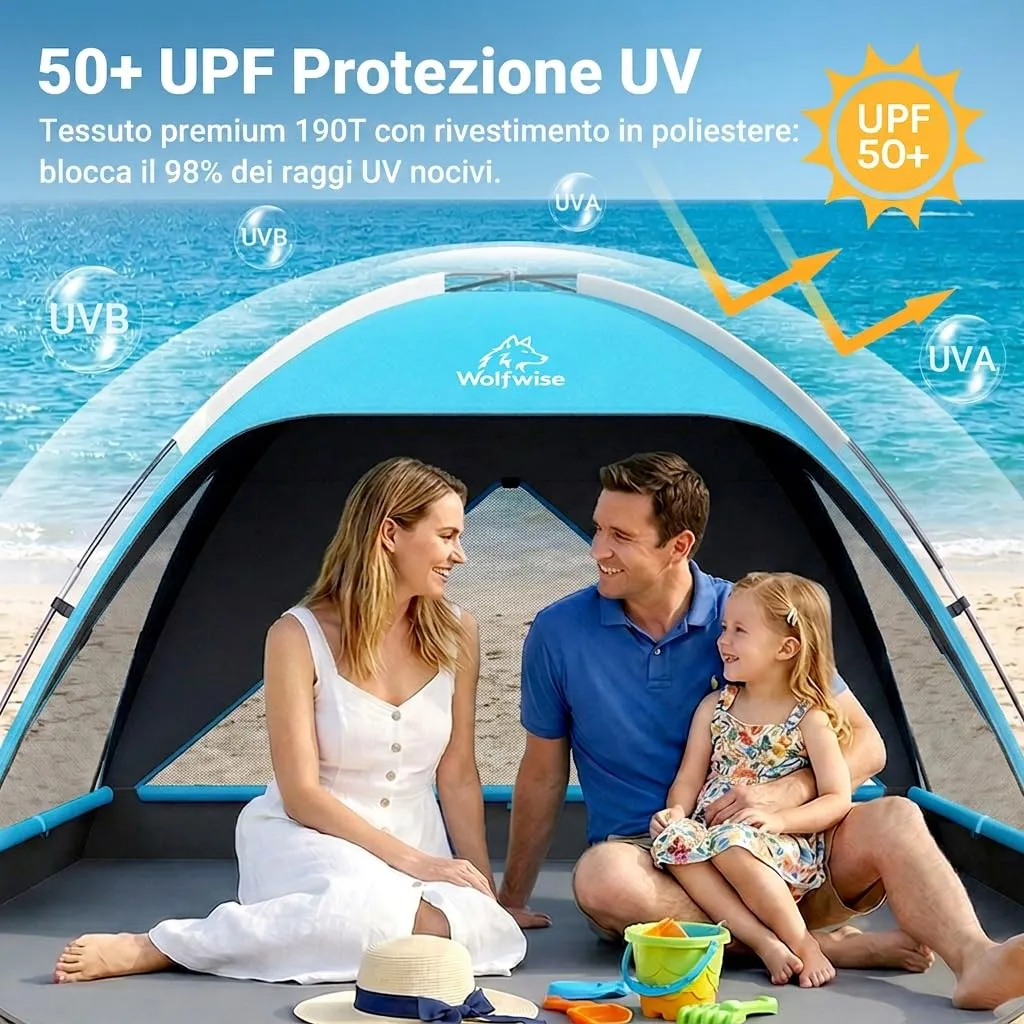Wolfwise Tenda da Spiaggia UPF 50+, Riparo Solare Anti-UV per 3 Persone, 3 Finestre Ventilate, Blu con Rivestimento Nero - immagine 9