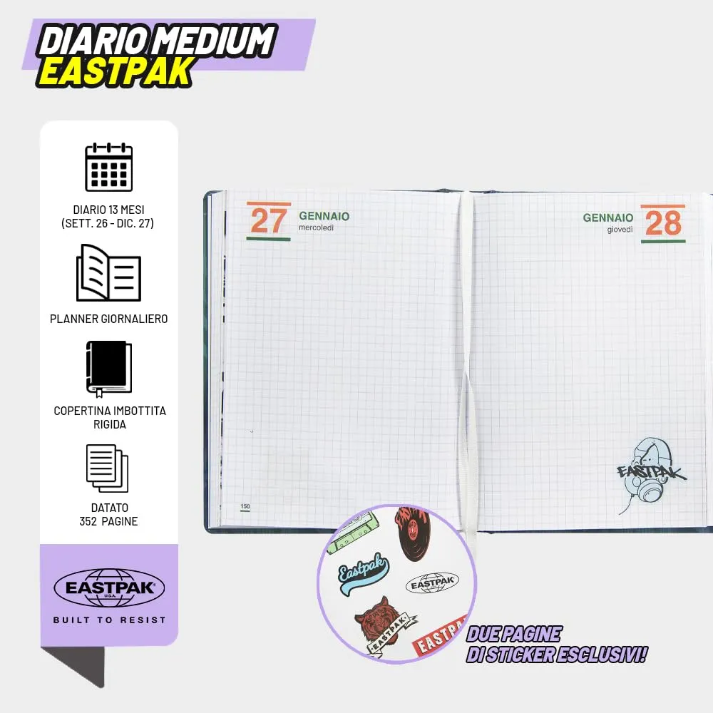 Eastpak Diario Scuola 2026-2027, Datato 13 Mesi, Copertina Imbottita, 352 Pagine e Stickers, 12 x 16.5 cm - immagine 4