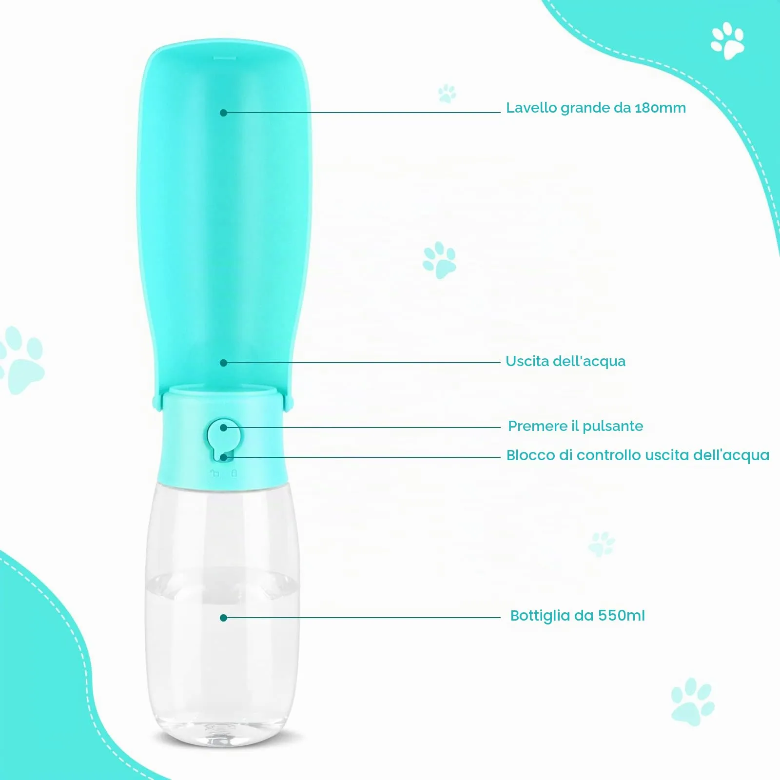 JOPHEK Borraccia per Cani Portatile 550ml, Bottiglia da Viaggio Ripiegabile a 180° con Pulsante di Blocco e Filtro a Carboni Attivi - immagine 3