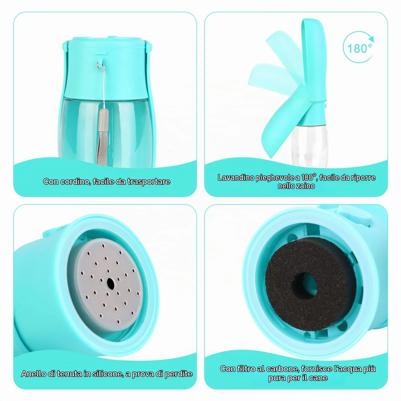 JOPHEK Borraccia per Cani Portatile 550ml, Bottiglia da Viaggio Ripiegabile a 180° con Pulsante di Blocco e Filtro a Carboni Attivi - immagine 4