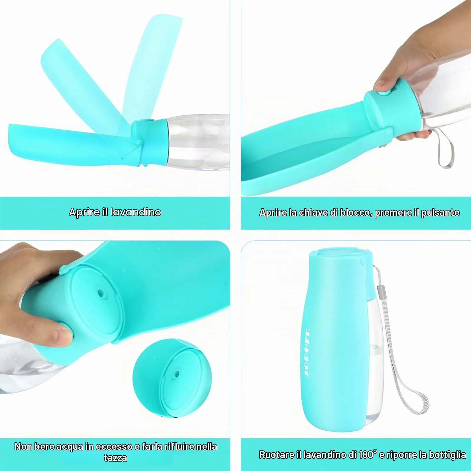 JOPHEK Borraccia per Cani Portatile 550ml, Bottiglia da Viaggio Ripiegabile a 180° con Pulsante di Blocco e Filtro a Carboni Attivi - immagine 5