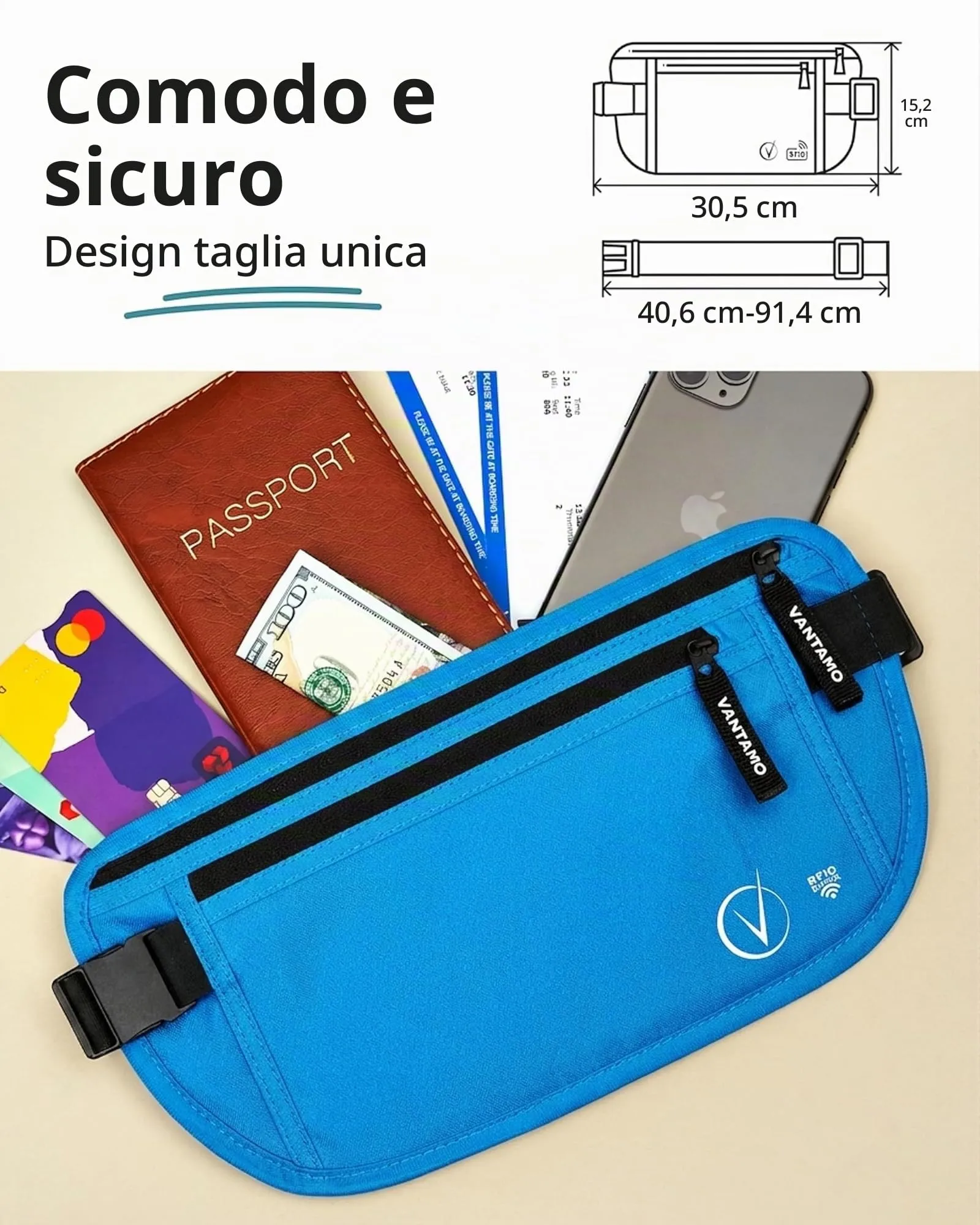 Vantamo Marsupio Ultrapiatto RFID per Uomo e Donna con Cintura Regolabile - immagine 4