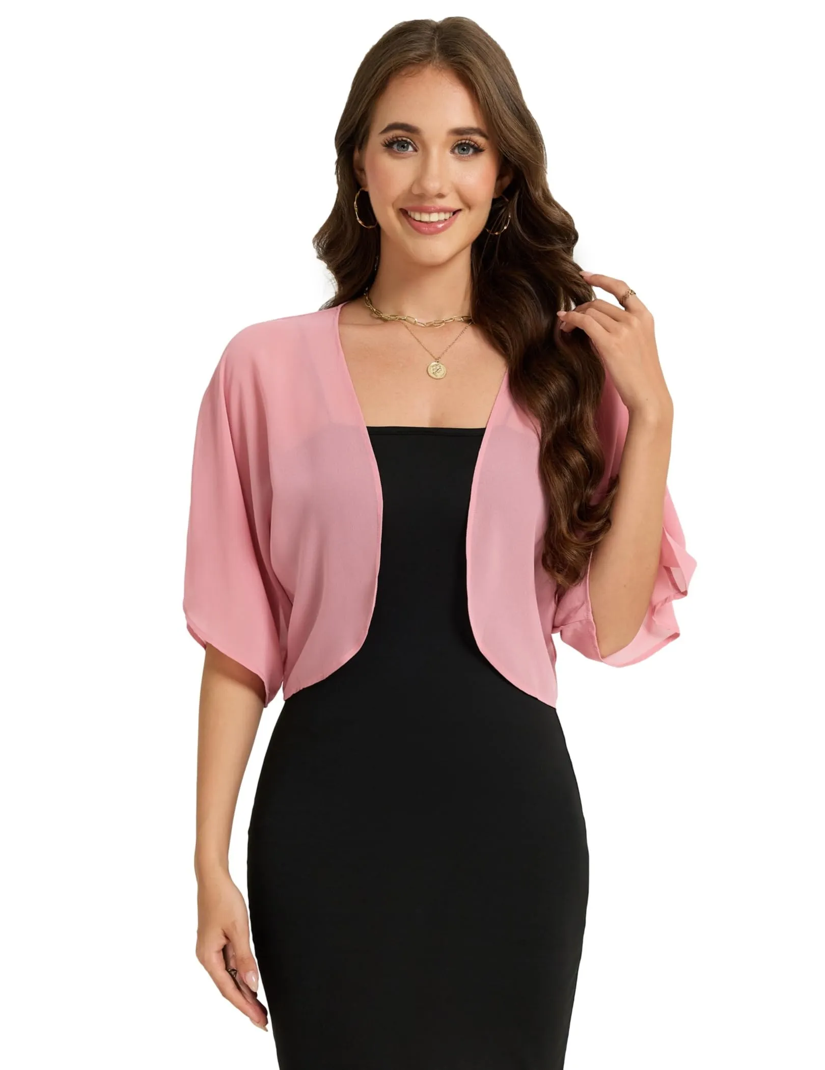 Dosieyeo Bolero da donna in chiffon, maniche a 3/4, rosé, M - immagine 5