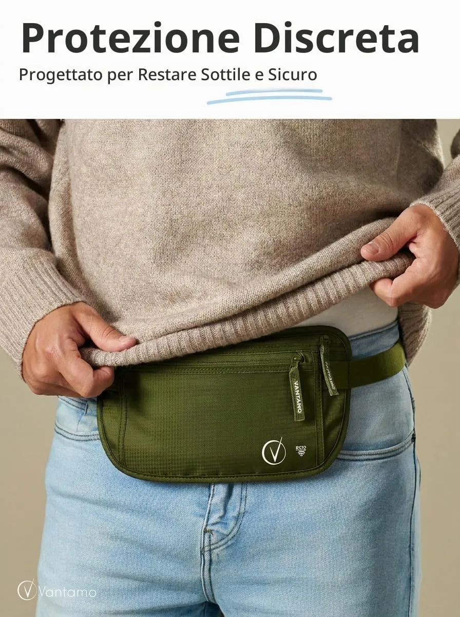 Vantamo Marsupio Ultrapiatto con Protezione RFID per Uomo e Donna, Cintura Regolabile per Corsa, Escursioni e Viaggi - immagine 2