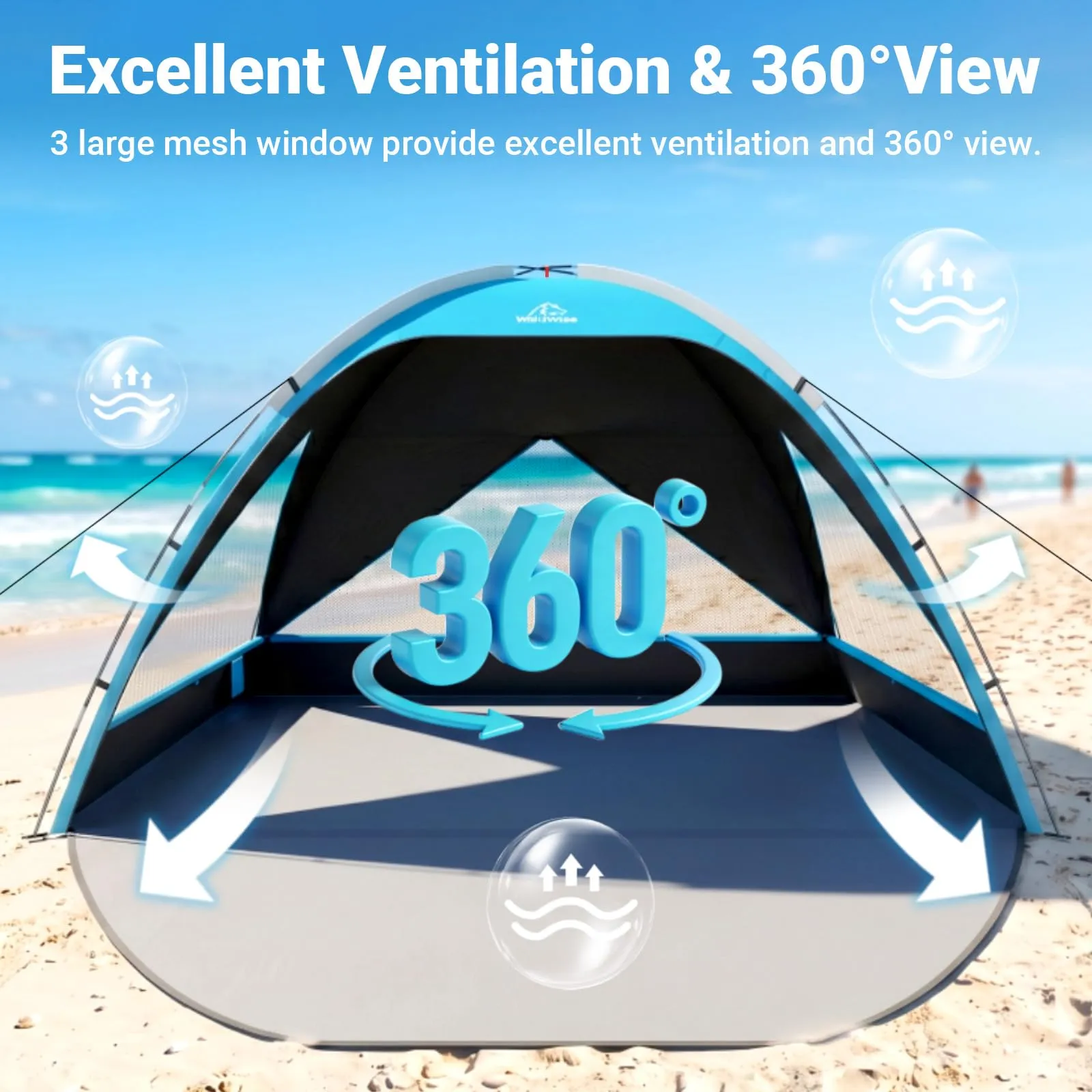 Wolfwise Tenda da Spiaggia UPF 50+ per Famiglia, Riparo Solare Anti-UV con 3 Finestre Ventilate, Capacità 8 Persone, Blu con Rivestimento Nero - immagine 2