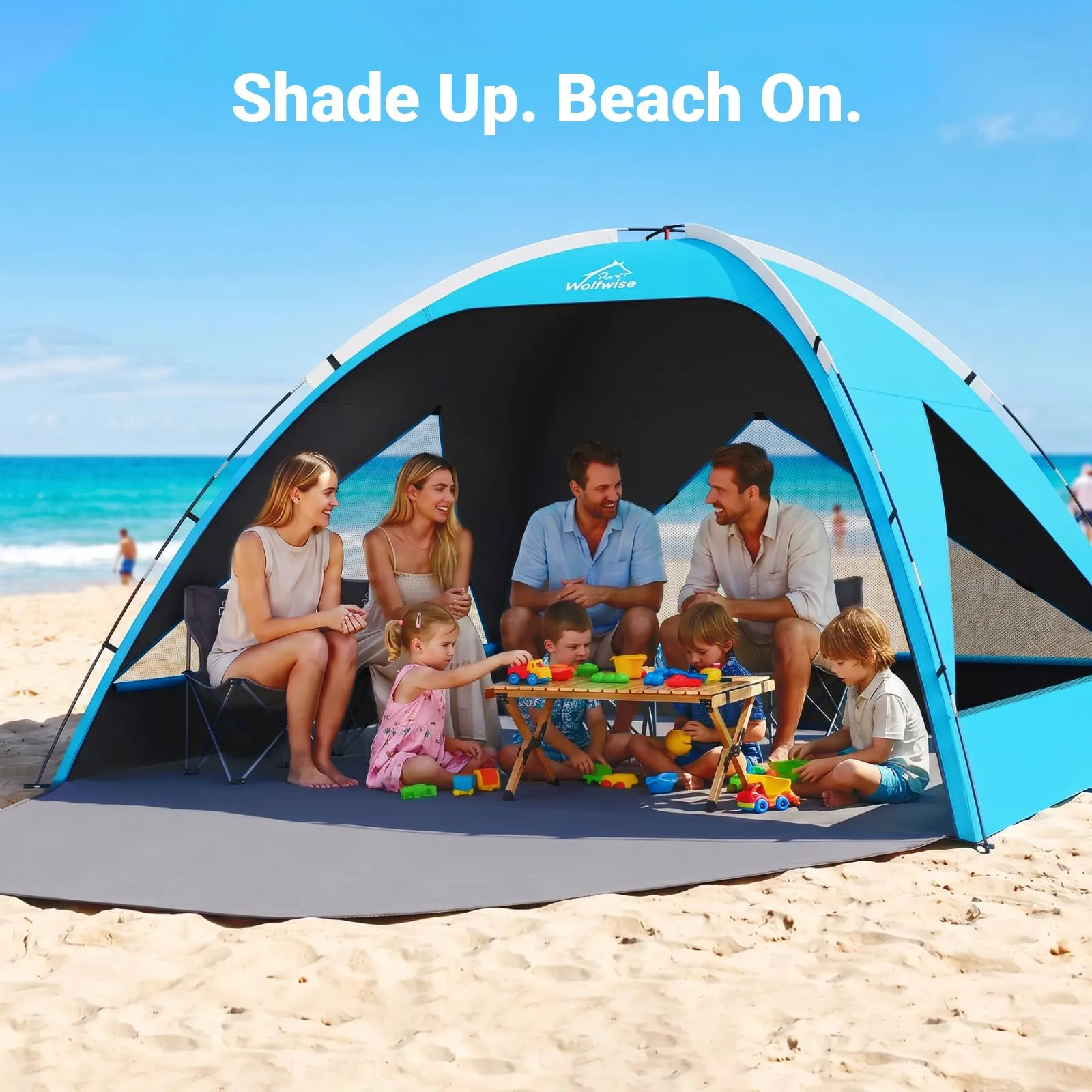 Wolfwise Tenda da Spiaggia UPF 50+ per Famiglia, Riparo Solare Anti-UV con 3 Finestre Ventilate, Capacità 8 Persone, Blu con Rivestimento Nero - immagine 4