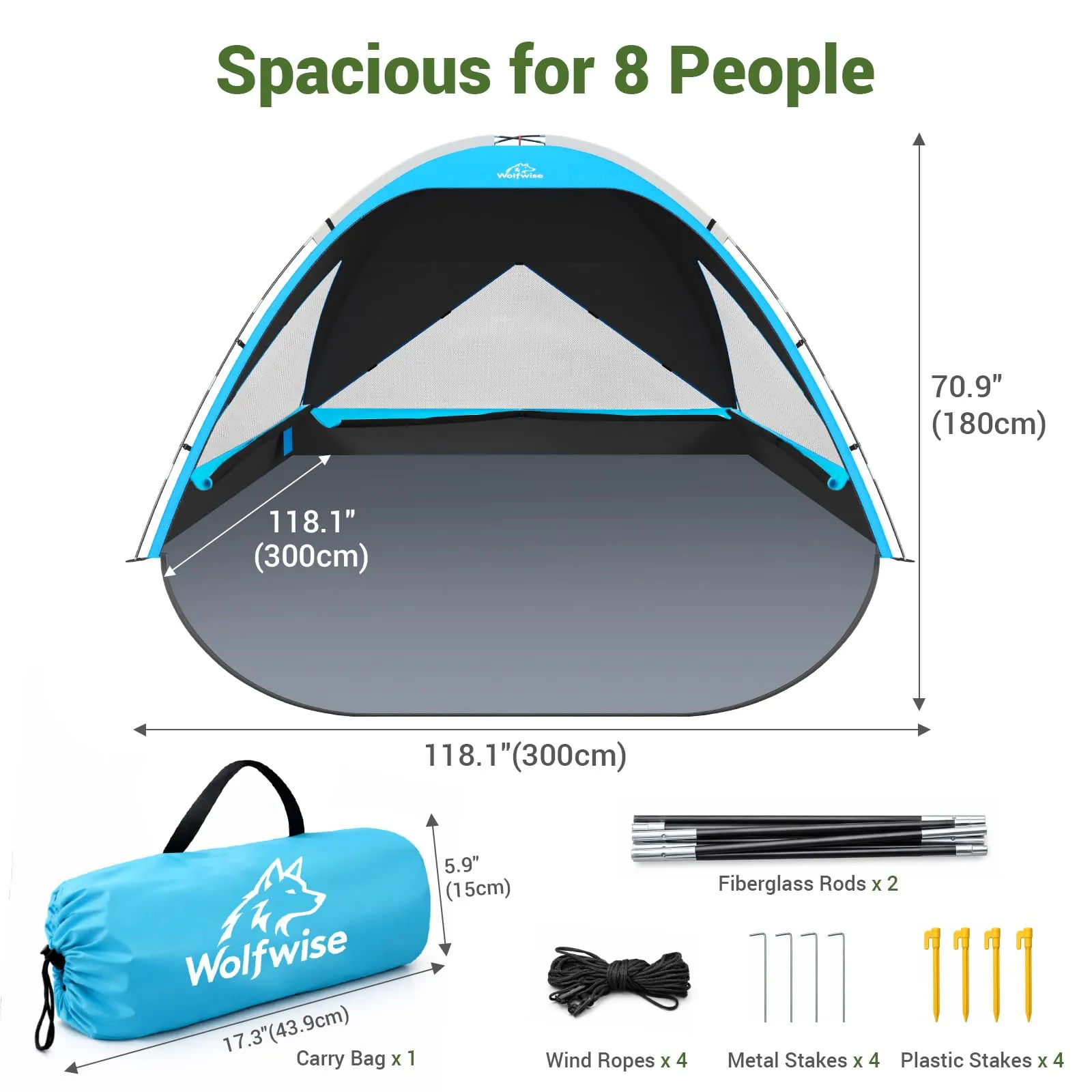 Wolfwise Tenda da Spiaggia UPF 50+ per Famiglia, Riparo Solare Anti-UV con 3 Finestre Ventilate, Capacità 8 Persone, Blu con Rivestimento Nero - immagine 5