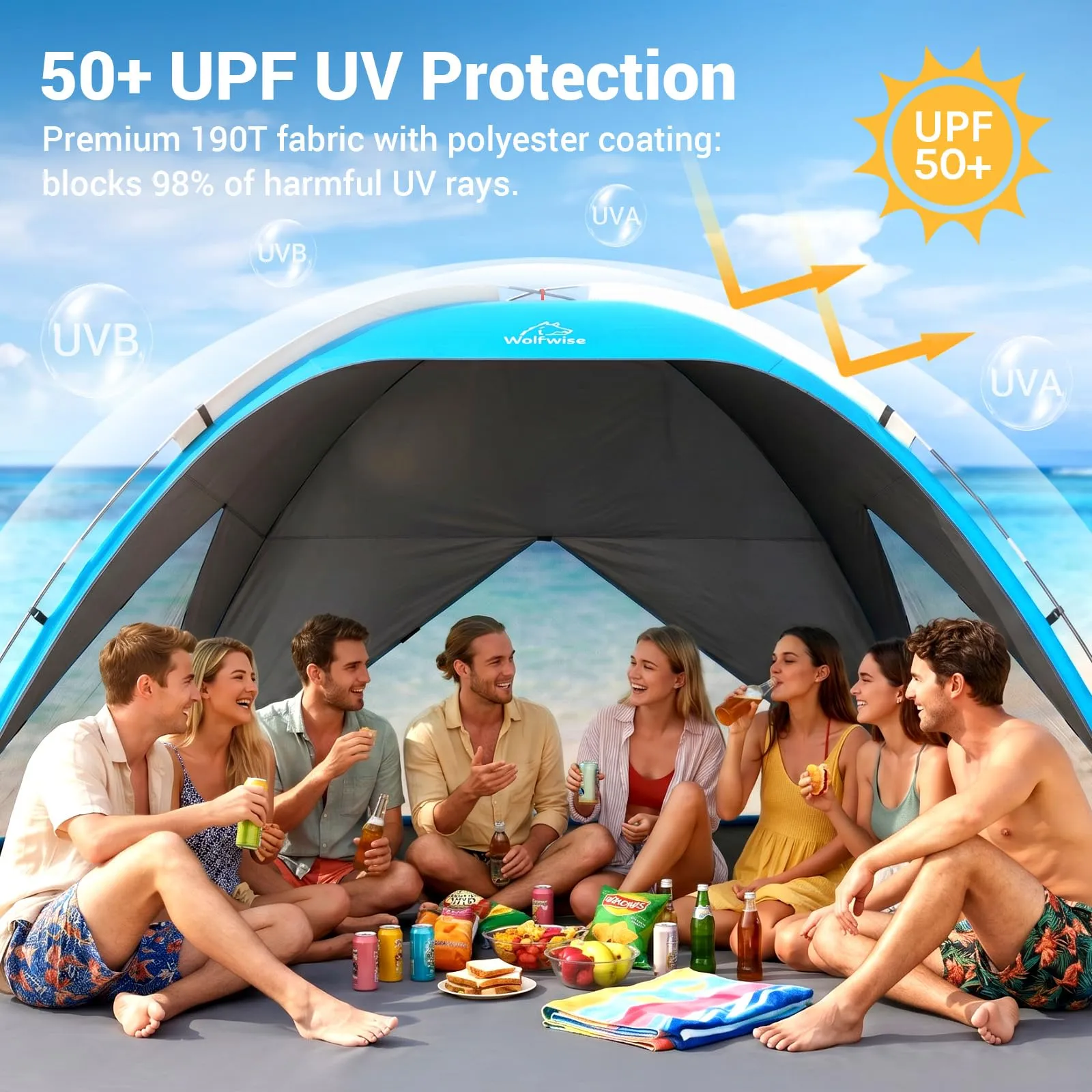 Wolfwise Tenda da Spiaggia UPF 50+ per Famiglia, Riparo Solare Anti-UV con 3 Finestre Ventilate, Capacità 8 Persone, Blu con Rivestimento Nero - immagine 9