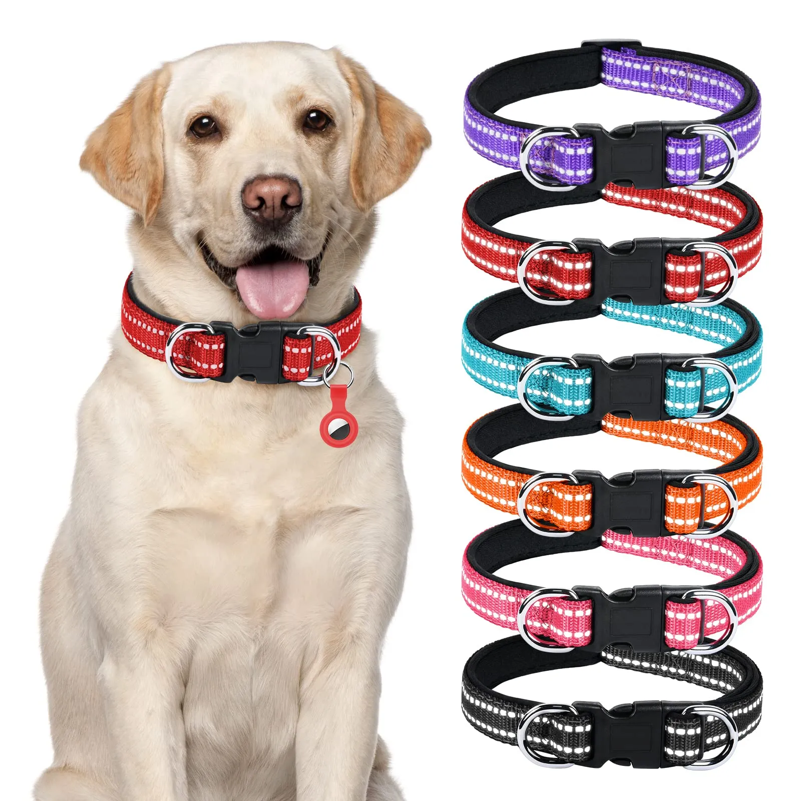 AUAUY Collare Cane in Nylon Riflettente Regolabile con Doppia D, Rosso, L - immagine 8