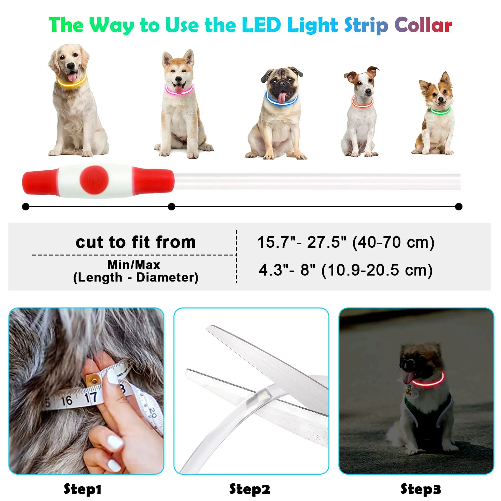 AUAUY Collare Luminoso LED per Cani, Ricaricabile USB, Regolabile, Rosso - immagine 3