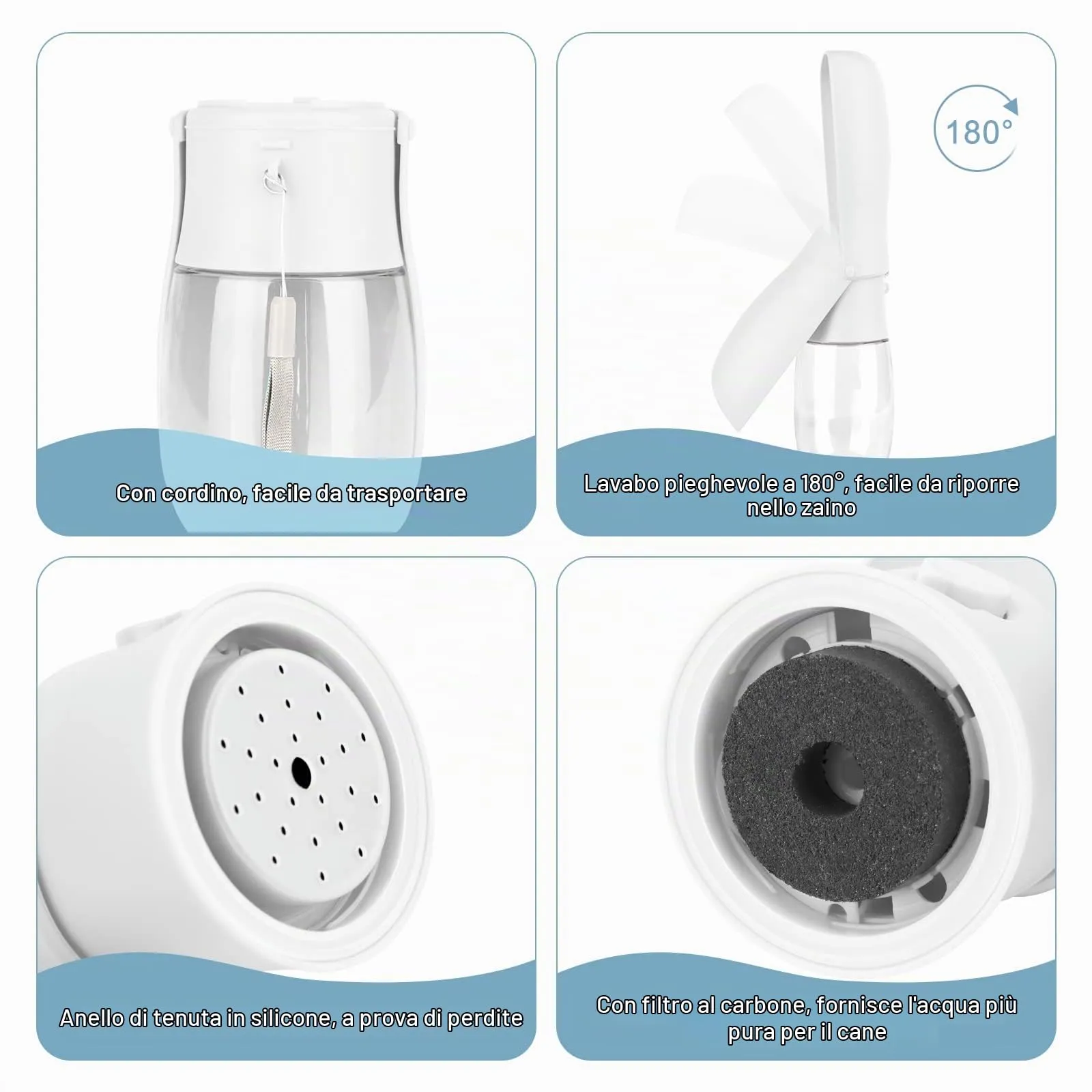 JOPHEK Borraccia per Cani Portatile 300ml, Bottiglia da Viaggio Ripiegabile a 180° con Pulsante di Blocco e Filtro a Carboni Attivi - immagine 4
