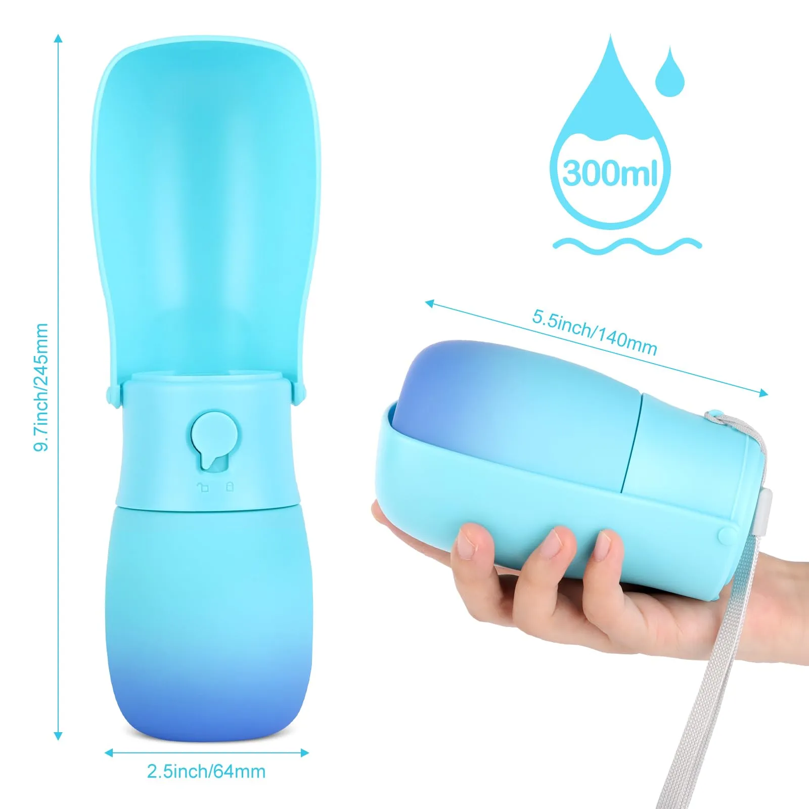 JOPHEK Borraccia Portatile per Cani e Gatti 300ml, Bottiglia da Viaggio Ripiegabile 180° con Pulsante di Blocco e Filtro a Carboni Attivi - immagine 2