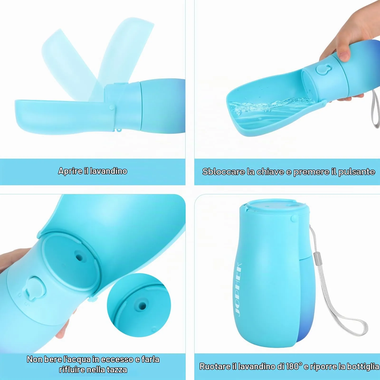 JOPHEK Borraccia Portatile per Cani e Gatti 300ml, Bottiglia da Viaggio Ripiegabile 180° con Pulsante di Blocco e Filtro a Carboni Attivi - immagine 5