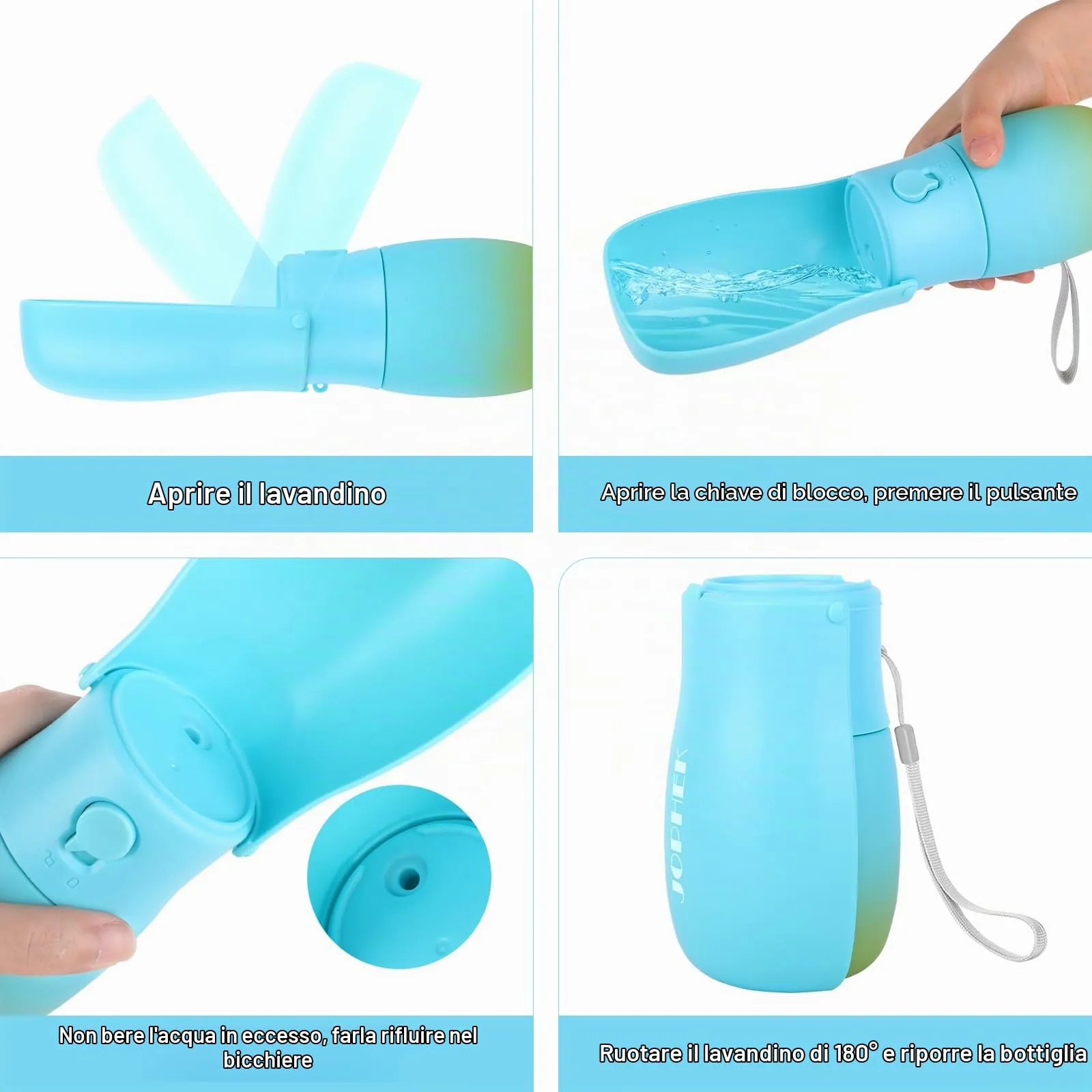 JOPHEK Borraccia Portatile per Animali Domestici 300 ml, Pieghevole a 180°, a Prova di Perdite con Filtro ai Carboni Attivi - immagine 5