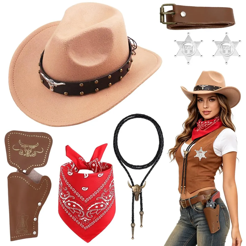 WFKKMEQ Costume da Cowboy, Kit 7 Pezzi con Bandana, Cappello, Cintura, Fondina, Collana e Distintivo - immagine 1