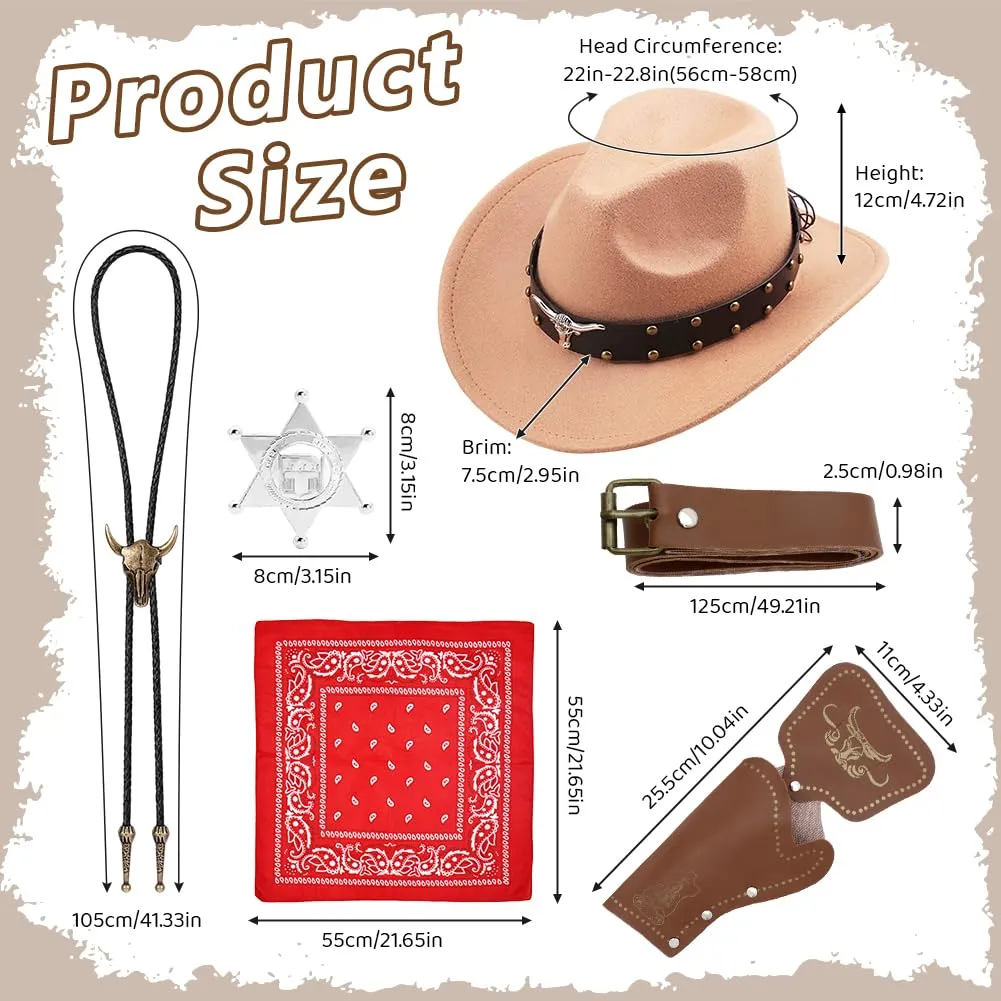 WFKKMEQ Costume da Cowboy, Kit 7 Pezzi con Bandana, Cappello, Cintura, Fondina, Collana e Distintivo - immagine 2