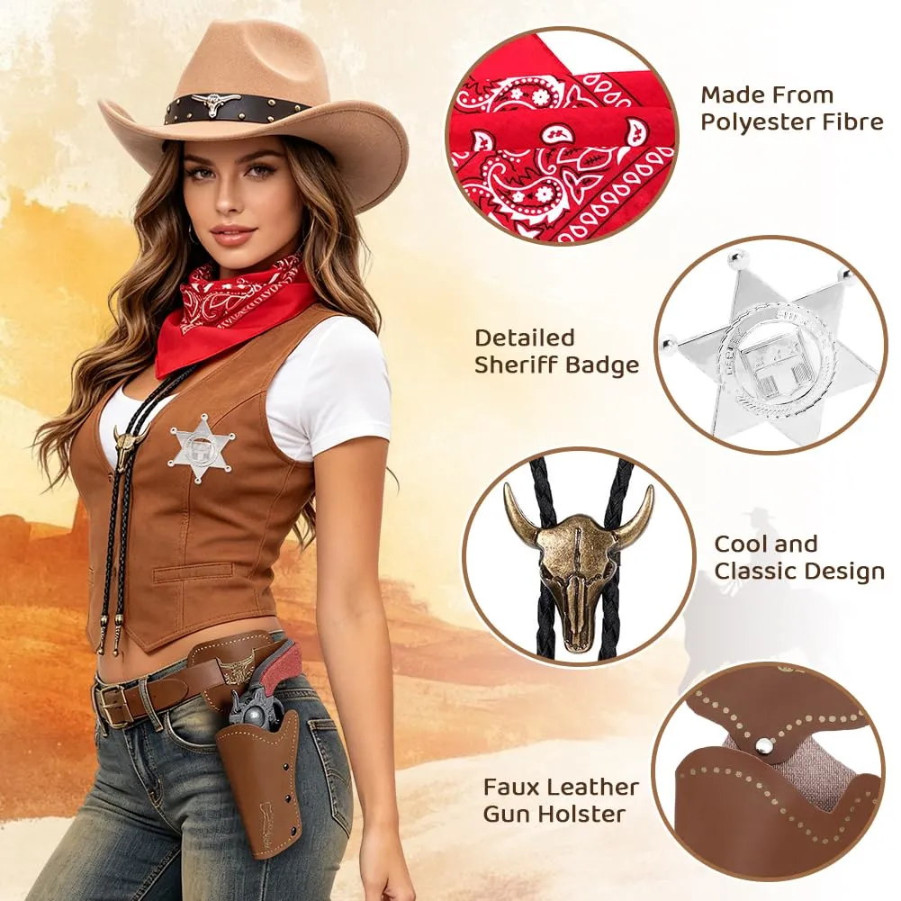 WFKKMEQ Costume da Cowboy, Kit 7 Pezzi con Bandana, Cappello, Cintura, Fondina, Collana e Distintivo - immagine 4