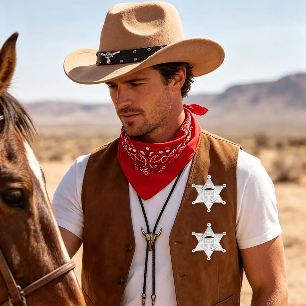 WFKKMEQ Costume da Cowboy, Kit 7 Pezzi con Bandana, Cappello, Cintura, Fondina, Collana e Distintivo - immagine 7
