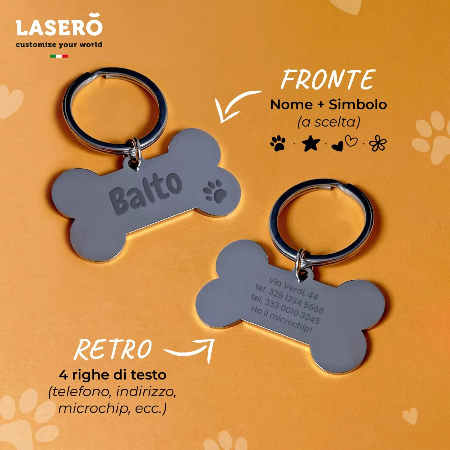 LASERO' Medaglietta Cane Personalizzata a Forma di Osso in Acciaio Lucido, 50×30 mm, Argento - immagine 2