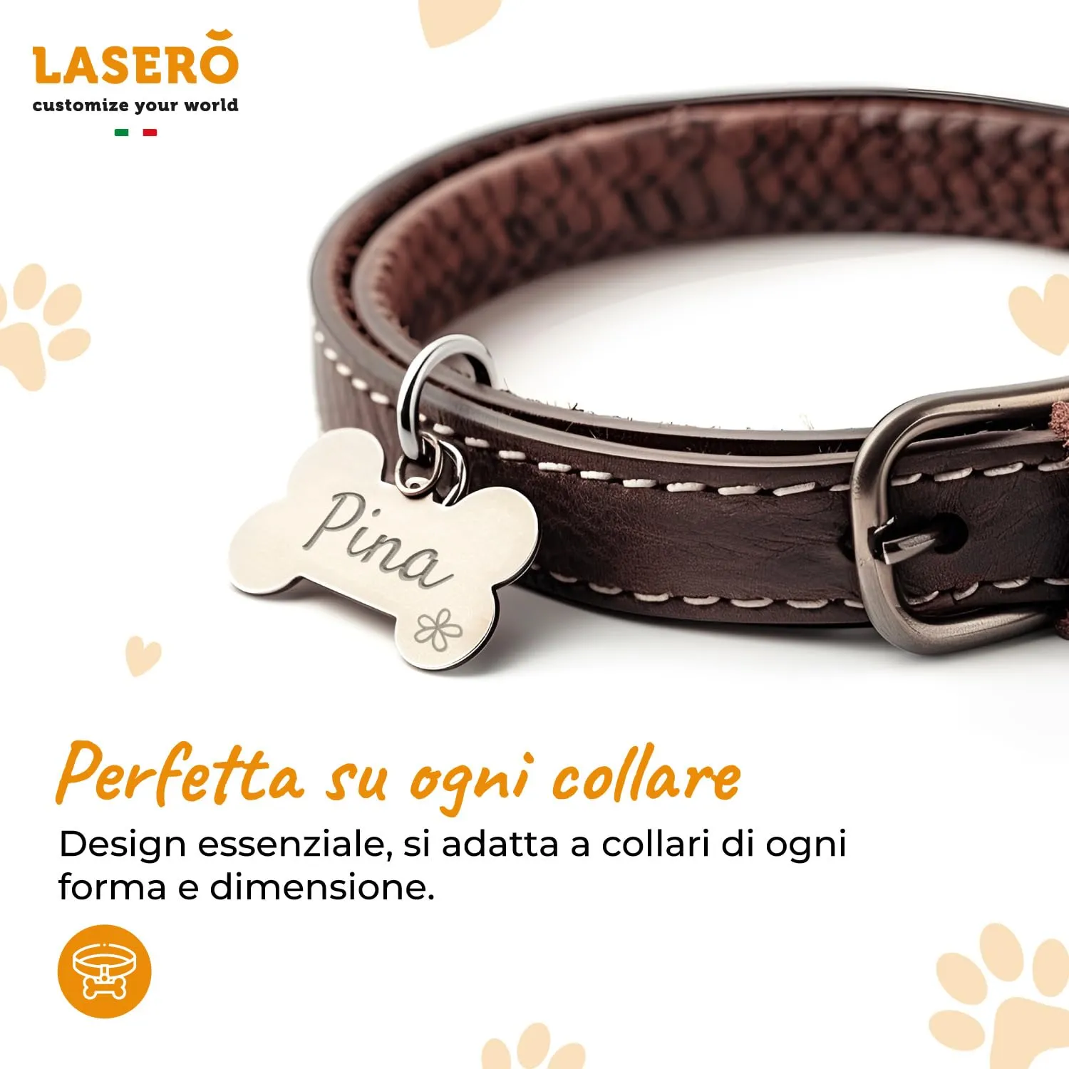 LASERO' Medaglietta Cane Personalizzata a Forma di Osso in Acciaio Lucido, 50×30 mm, Argento - immagine 3