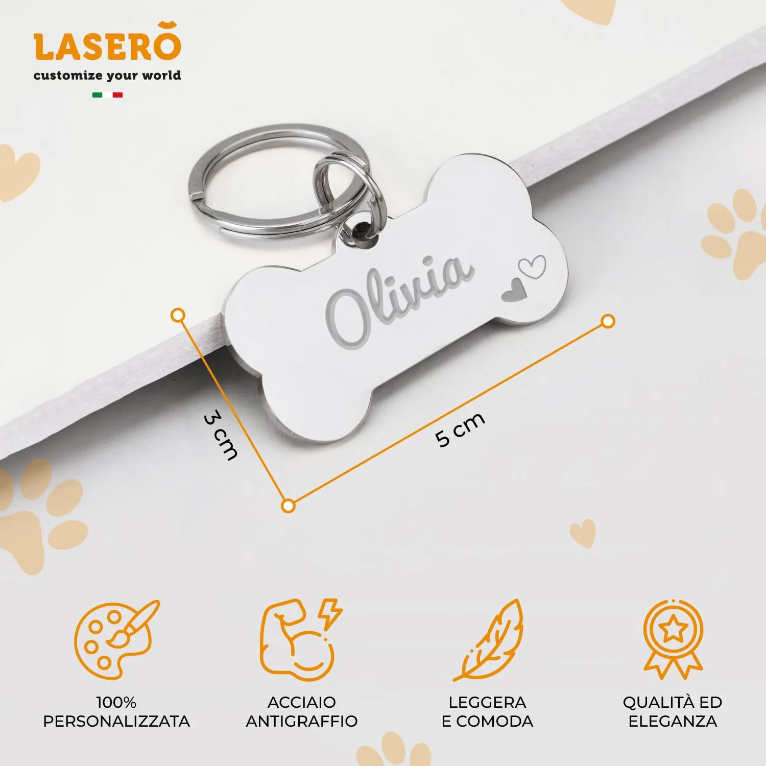 LASERO' Medaglietta Cane Personalizzata a Forma di Osso in Acciaio Lucido, 50×30 mm, Argento - immagine 4