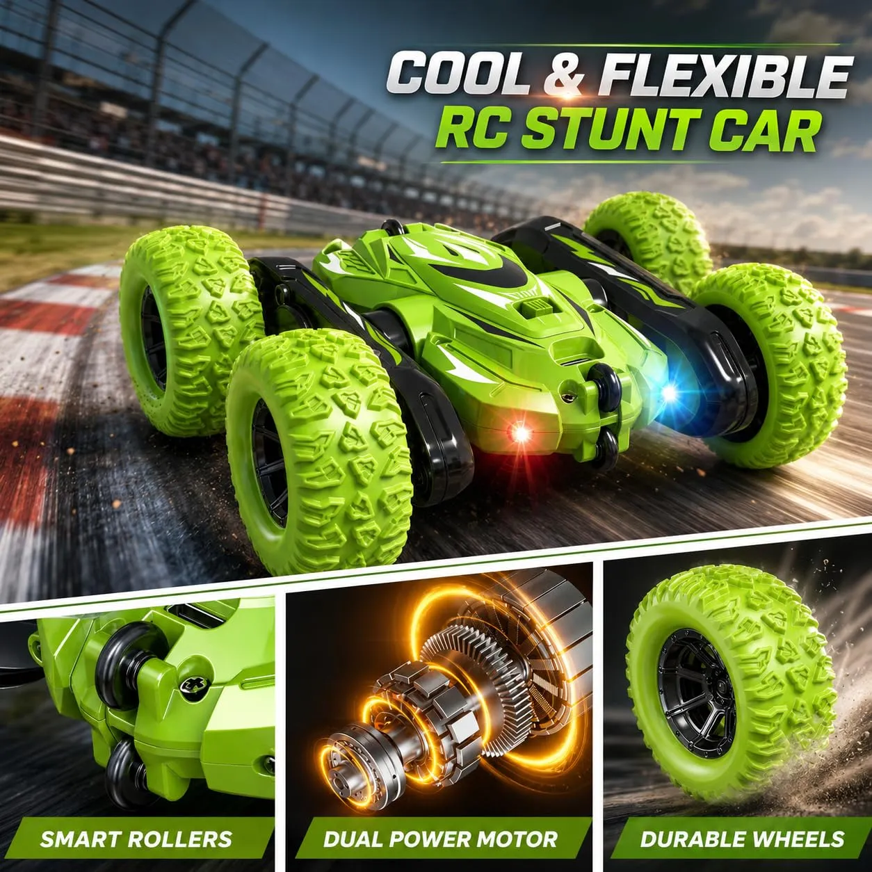 Dreamlandia 4WD Macchina Telecomandata RC Stunt Car con Luci LED, Verde - immagine 3