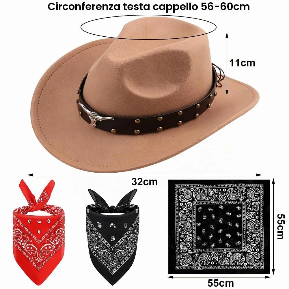 WFKKMEQ Costume da Cowboy Kit con Cappello, Bandana e Distintivo - immagine 2