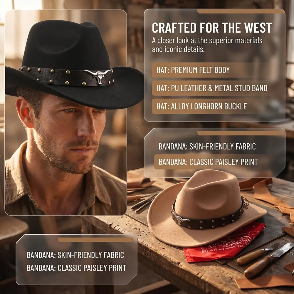 WFKKMEQ Costume da Cowboy Kit con Cappello, Bandana e Distintivo - immagine 3