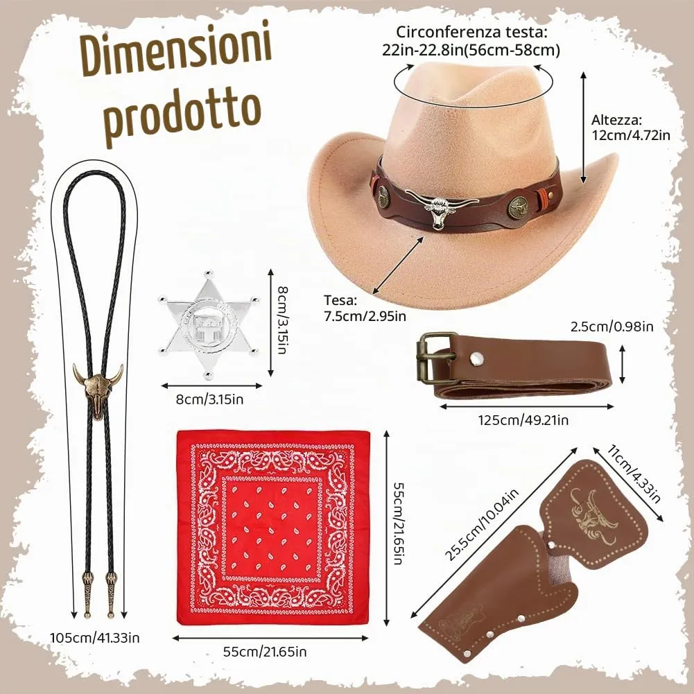 WFKKMEQ Costume da Cowboy, Set di 7 Accessori Western con Cappello, Bandana, Cintura, Fondina, Collana e Distintivo - immagine 2