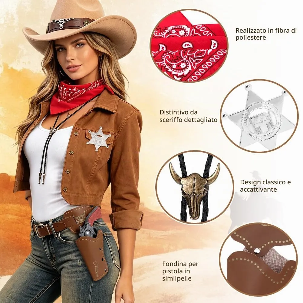 WFKKMEQ Costume da Cowboy, Set di 7 Accessori Western con Cappello, Bandana, Cintura, Fondina, Collana e Distintivo - immagine 4