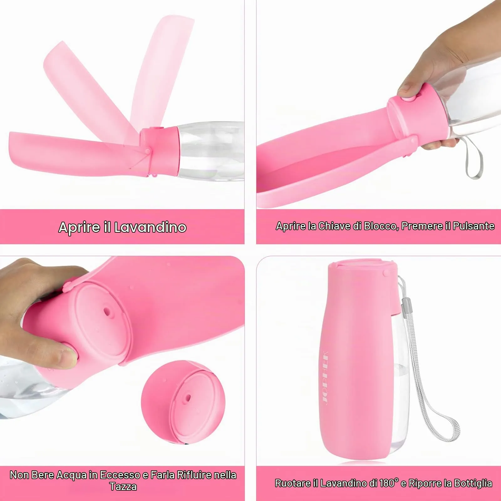 JOPHEK Borraccia per Cani Portatile 550ml, Bottiglia da Viaggio Ripiegabile a 180° con Pulsante di Blocco e Filtro a Carboni Attivi - immagine 4