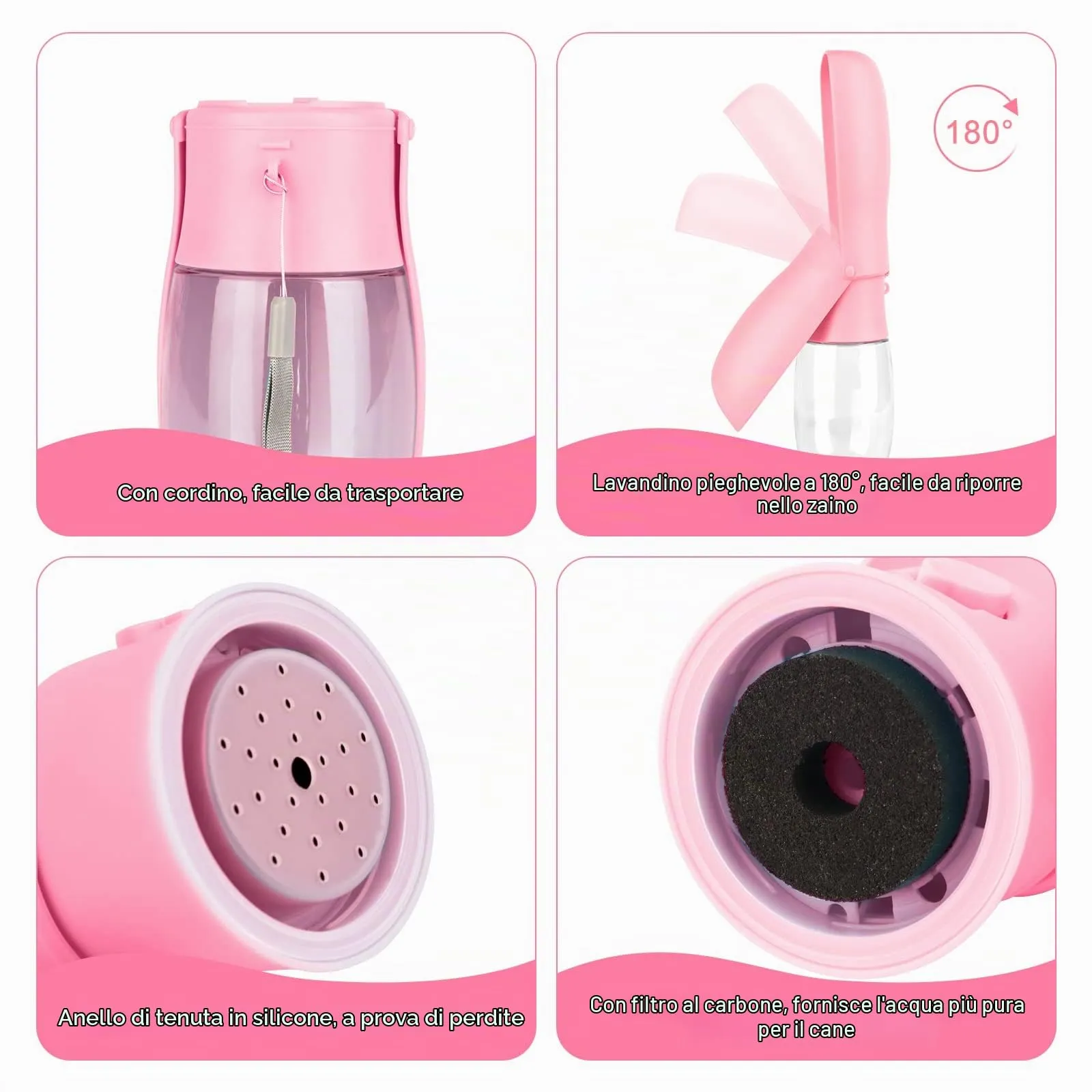 JOPHEK Borraccia per Cani Portatile 550ml, Bottiglia da Viaggio Ripiegabile a 180° con Pulsante di Blocco e Filtro a Carboni Attivi - immagine 5