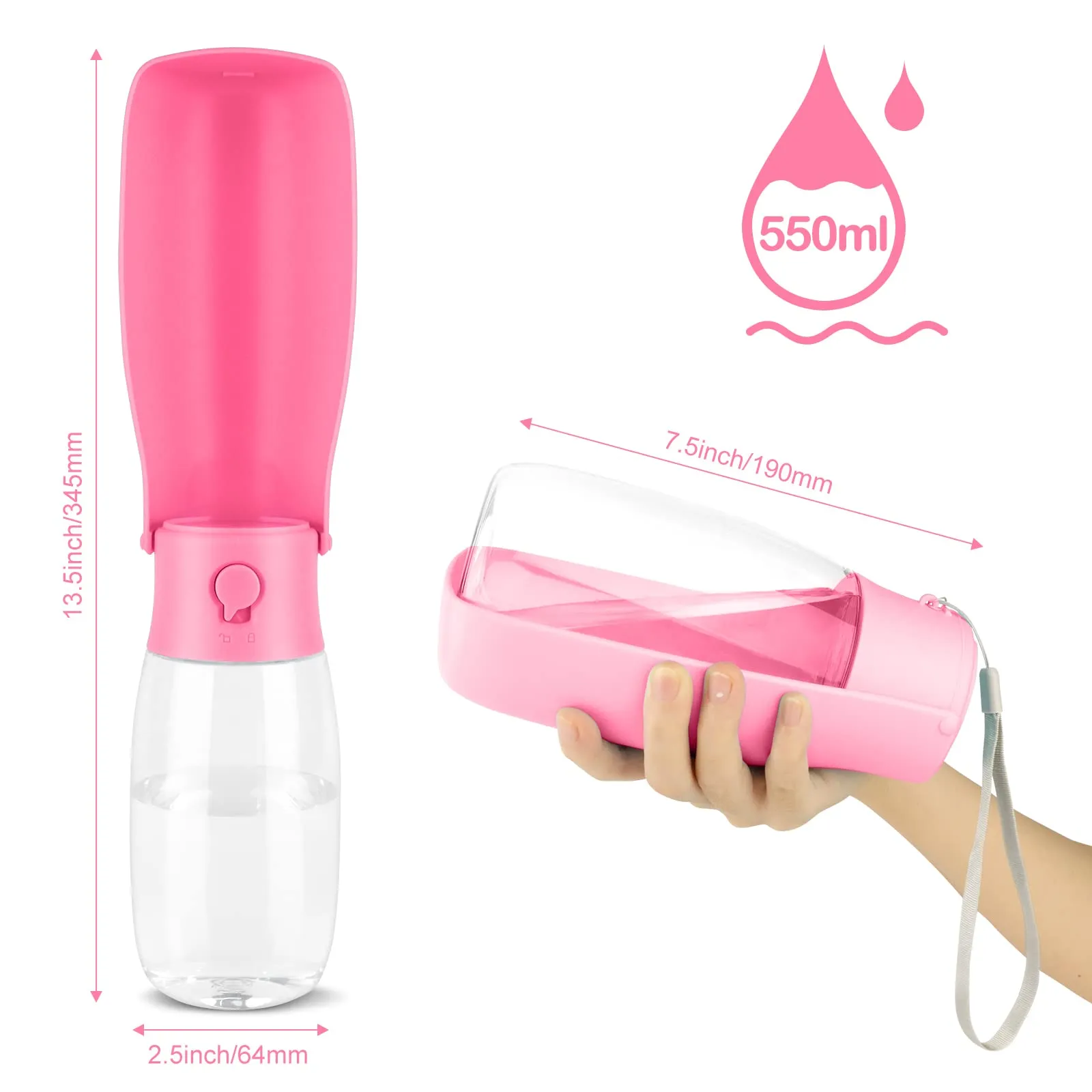 JOPHEK Borraccia per Cani Portatile 300ml, Bottiglia da Viaggio Ripiegabile a 180° con Pulsante di Blocco e Filtro a Carboni Attivi - immagine 2