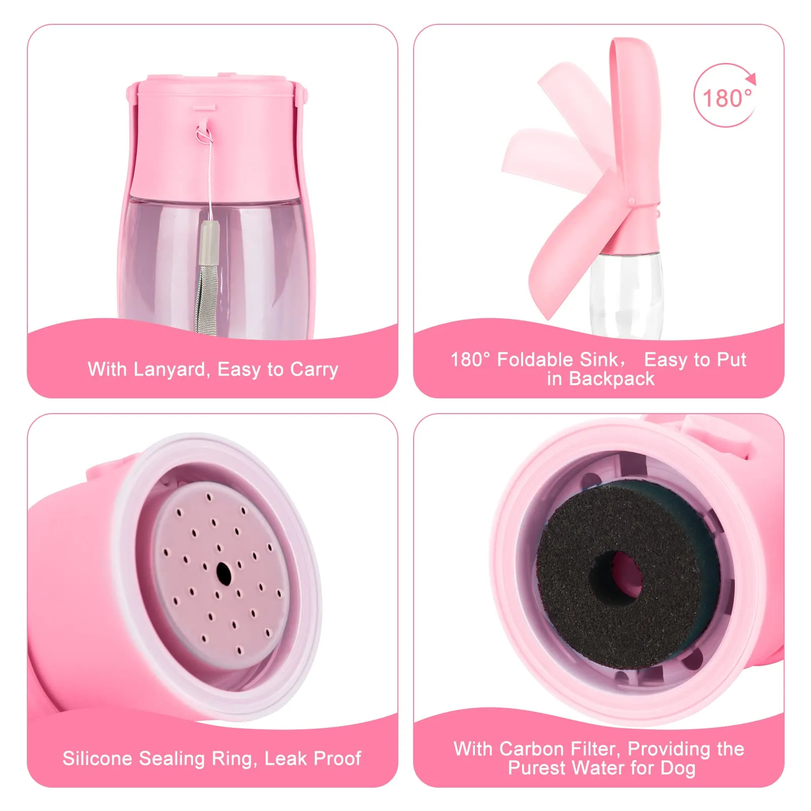 JOPHEK Borraccia per Cani Portatile 300ml, Bottiglia da Viaggio Ripiegabile a 180° con Pulsante di Blocco e Filtro a Carboni Attivi - immagine 4