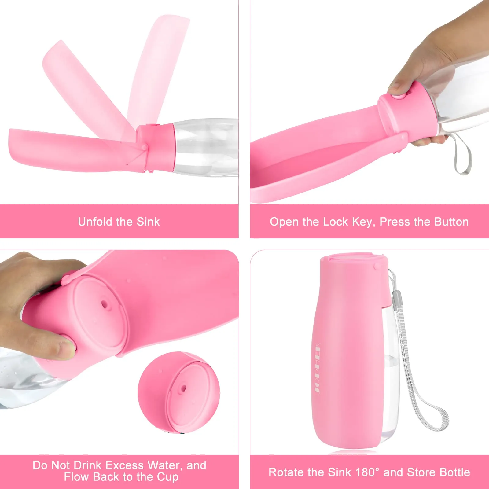 JOPHEK Borraccia per Cani Portatile 300ml, Bottiglia da Viaggio Ripiegabile a 180° con Pulsante di Blocco e Filtro a Carboni Attivi - immagine 5