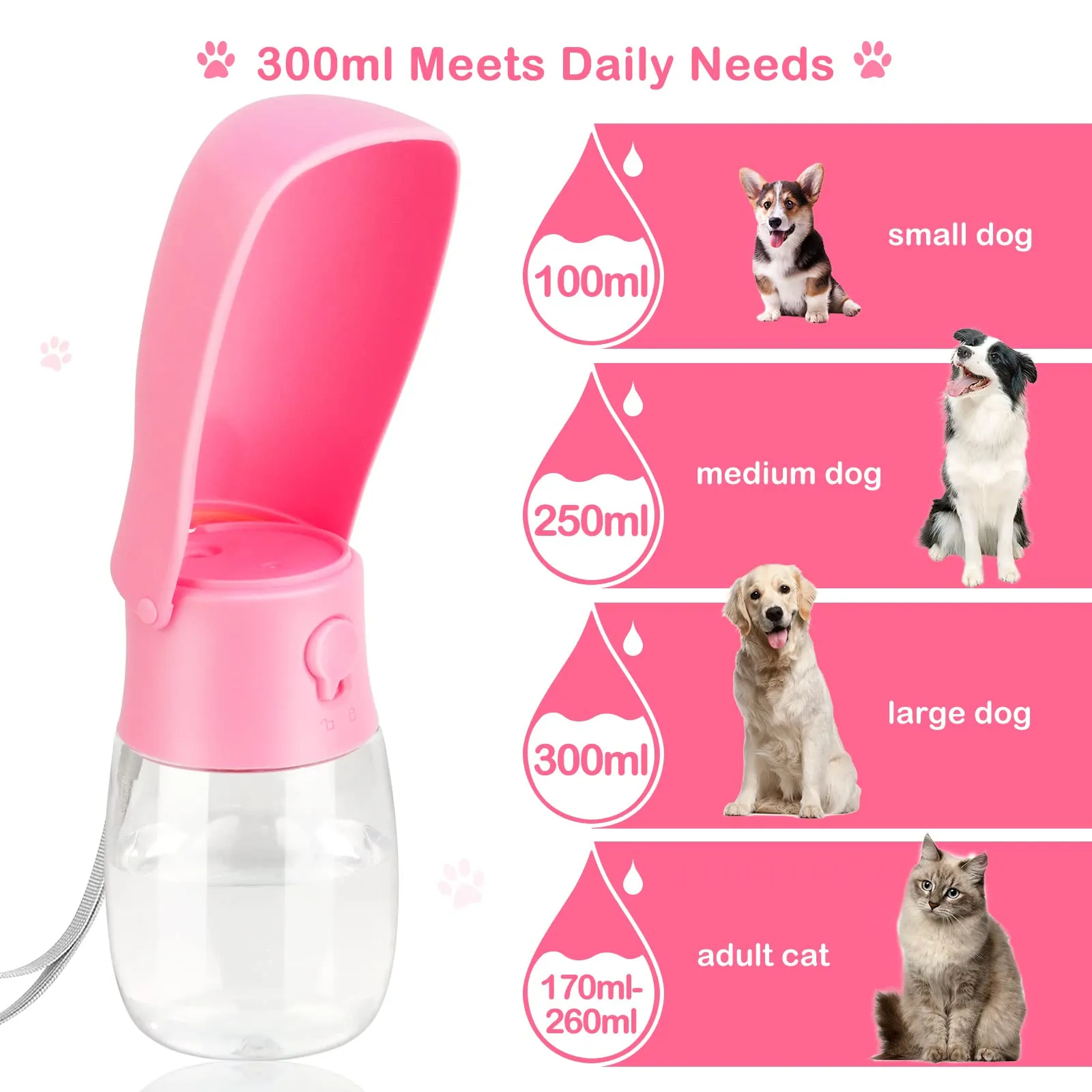 JOPHEK Borraccia per Cani Portatile 300ml, Bottiglia da Viaggio Ripiegabile a 180° con Pulsante di Blocco e Filtro a Carboni Attivi - immagine 6
