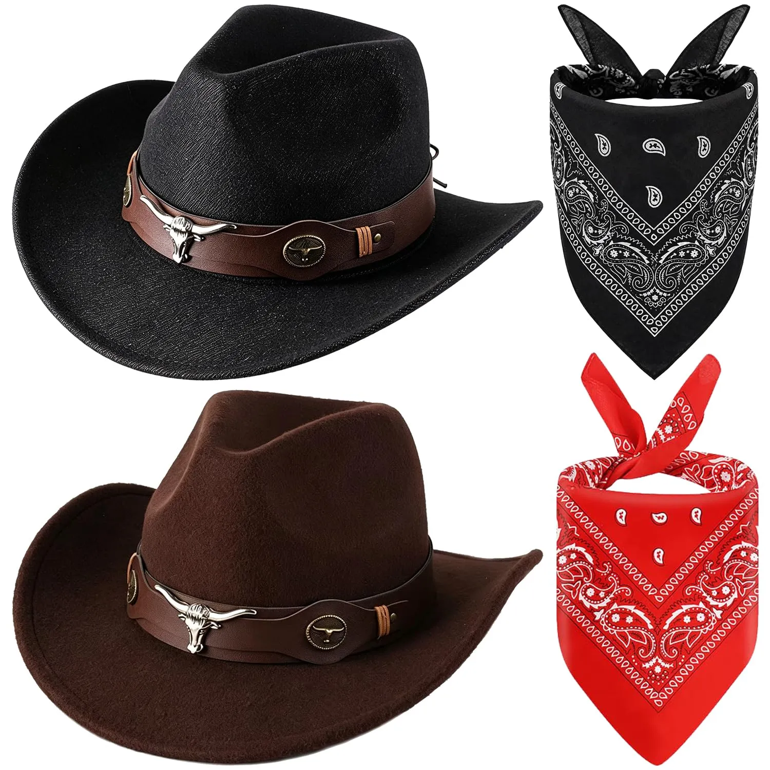 WFKKMEQ Costume da Cowboy Kit Accessori con Bandana, Cappello e Distintivo per Cosplay e Feste - immagine 1
