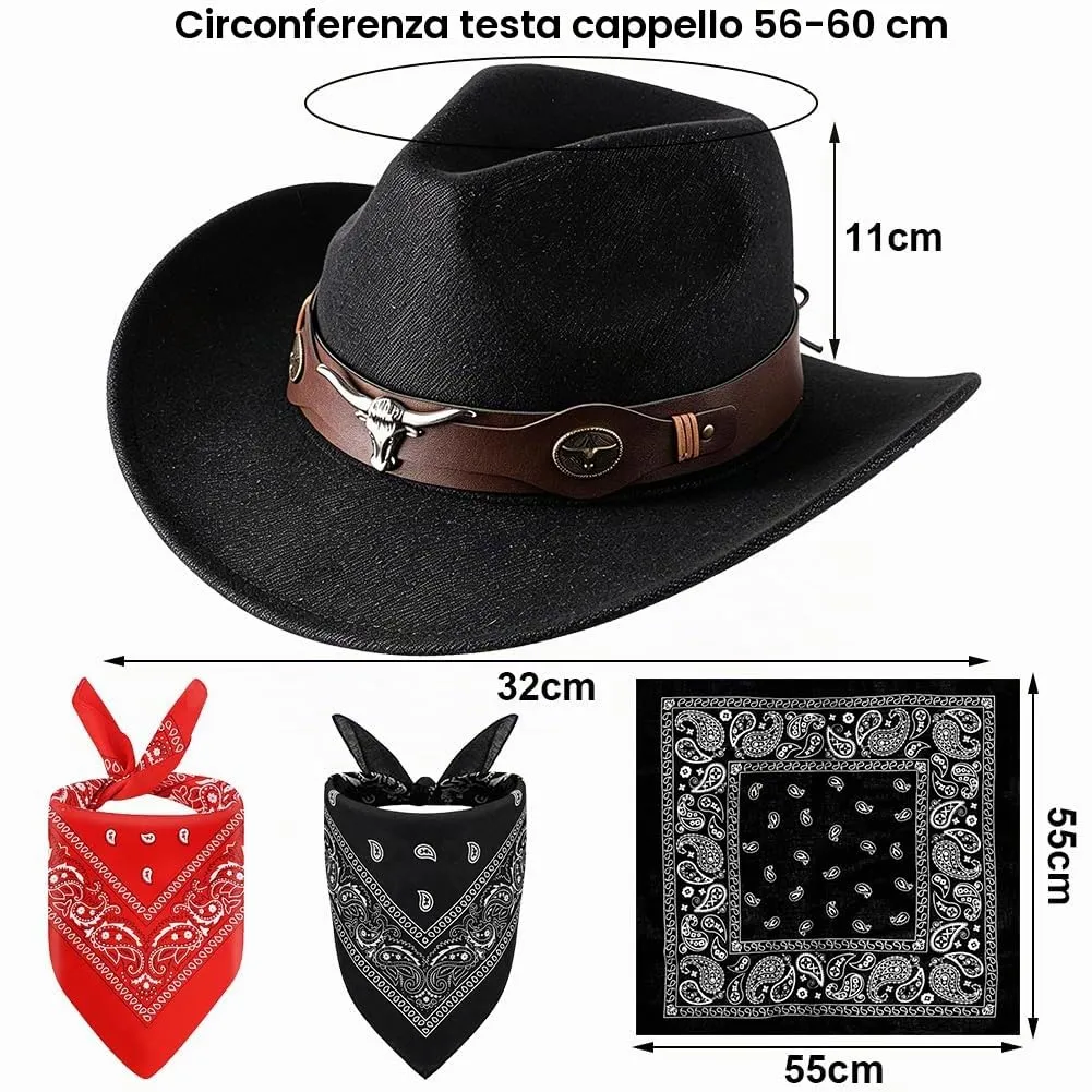 WFKKMEQ Costume da Cowboy Kit Accessori con Bandana, Cappello e Distintivo per Cosplay e Feste - immagine 2