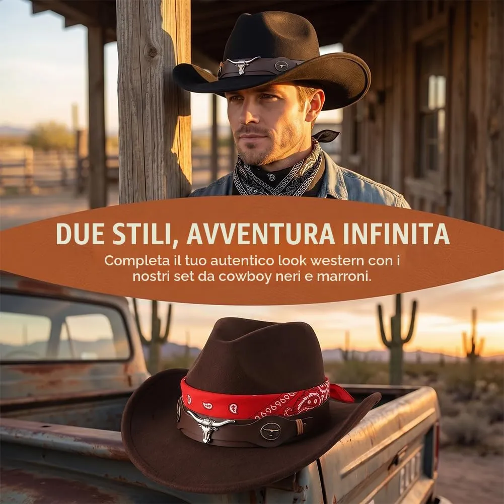 WFKKMEQ Costume da Cowboy Kit Accessori con Bandana, Cappello e Distintivo per Cosplay e Feste - immagine 4