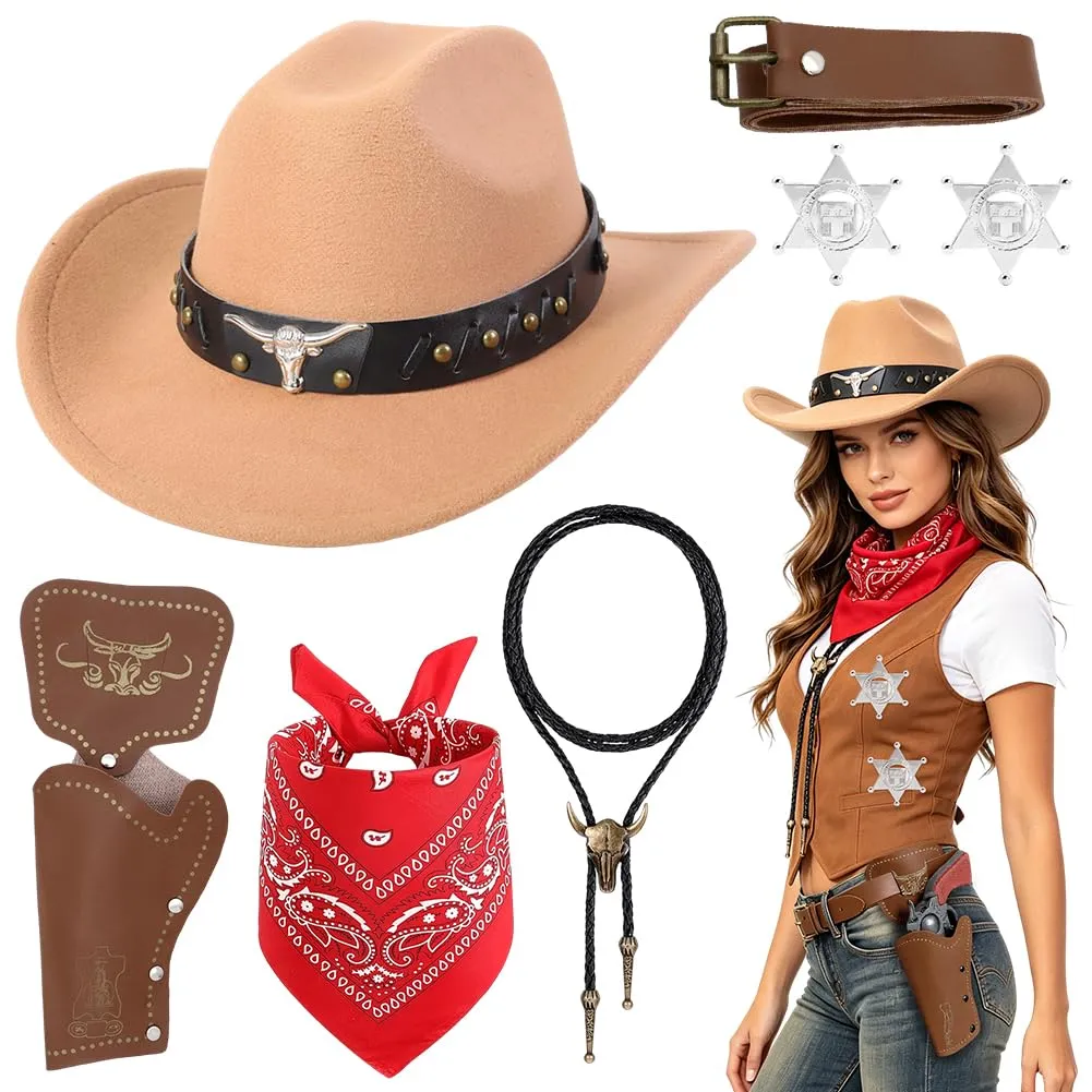 WFKKMEQ Costume da Cowboy per Cosplay, Kit Accessori con Cappello, Cintura, Bandana, Fondina, Collana e Distintivo - immagine 1