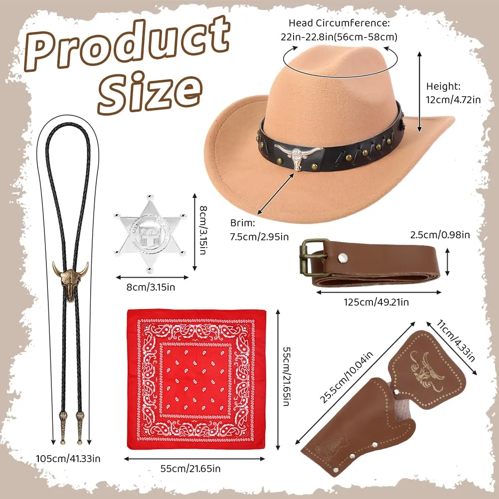 WFKKMEQ Costume da Cowboy per Cosplay, Kit Accessori con Cappello, Cintura, Bandana, Fondina, Collana e Distintivo - immagine 2