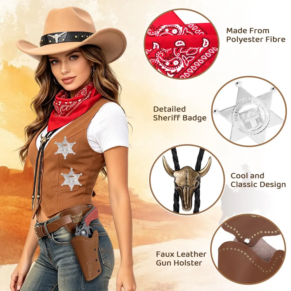 WFKKMEQ Costume da Cowboy per Cosplay, Kit Accessori con Cappello, Cintura, Bandana, Fondina, Collana e Distintivo - immagine 4
