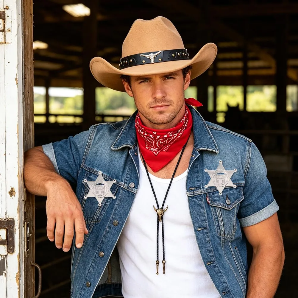 WFKKMEQ Costume da Cowboy per Cosplay, Kit Accessori con Cappello, Cintura, Bandana, Fondina, Collana e Distintivo - immagine 7